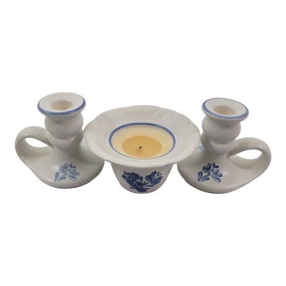 Pfaltzgraff Yorktowne 3 Piece Stoneware Candle Sticks & Candle Pillar Holder - Picture 1 of 16